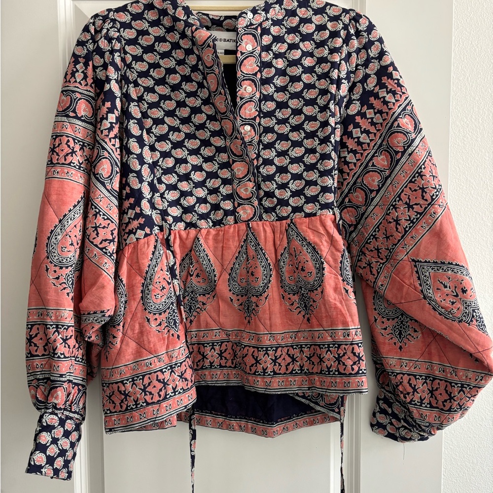 Antik Batik Navy and Coral Paisley Printed Peasant Blouse